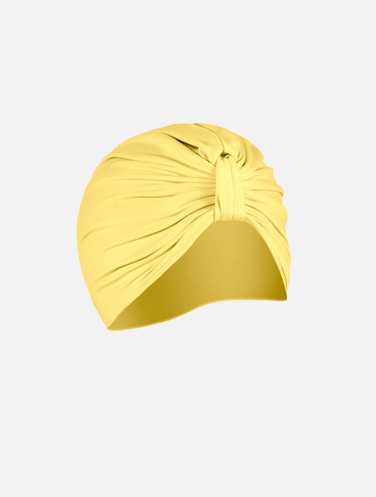 Front View: Noor Yellow Turban - MOEVA Luxury Swimwear, Swimwear Fabric, Knot Details at Front, Soft & Smooth, Stretchy, Fast Dry, 88% Polyamide 12% Elastane, MOEVA Luxury Swimwear