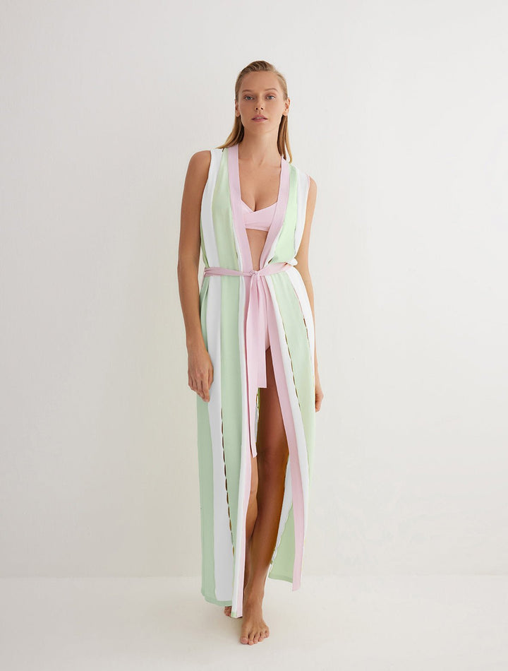 Norah White/Mint Green/Pink Sleeveless Knitted Vest With Self-Tie Belt -Kaftans Moeva