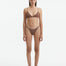 Front View: Model in North Brown Bikini Top - MOEVA Luxury Swimwear, Triangle Top, Knitted, Ribbed, Metallic, MOEVA Luxury Swimwear  