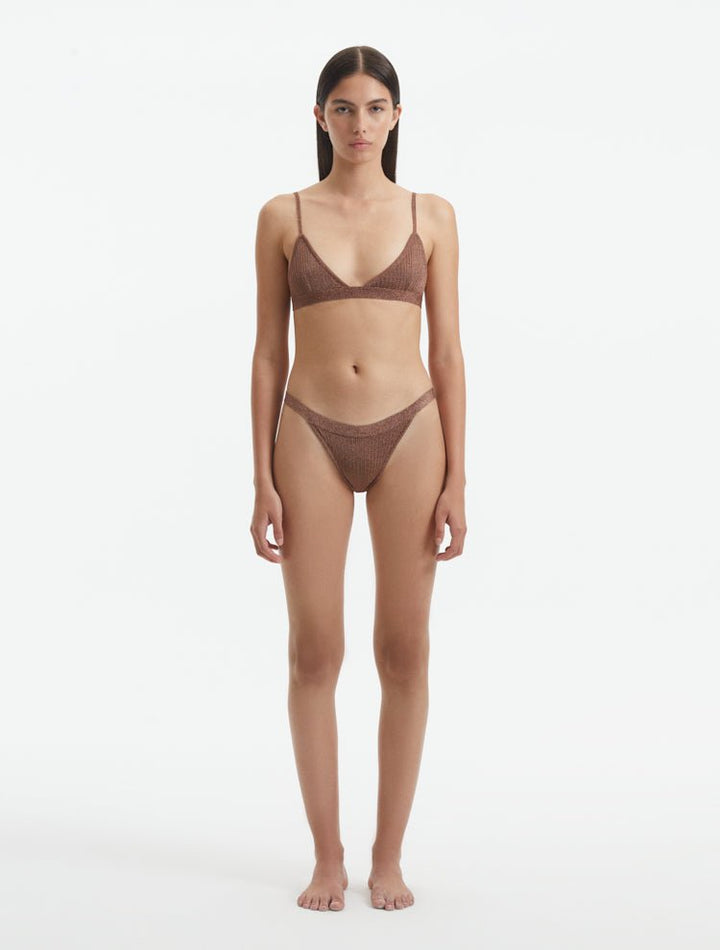Front View: Model in North Brown Bikini Top - MOEVA Luxury Swimwear, Triangle Top, Knitted, Ribbed, Metallic, MOEVA Luxury Swimwear  