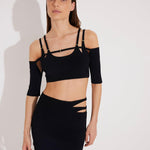 Front View: Model in Ontario Black Skirt - MOEVA Luxury Swimwear, Knitted, High Rise, Thigh Length, MOEVA Luxury Swimwear