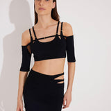 Front View: Model in Ontario Black Skirt - MOEVA Luxury Swimwear, Knitted, High Rise, Thigh Length, MOEVA Luxury Swimwear