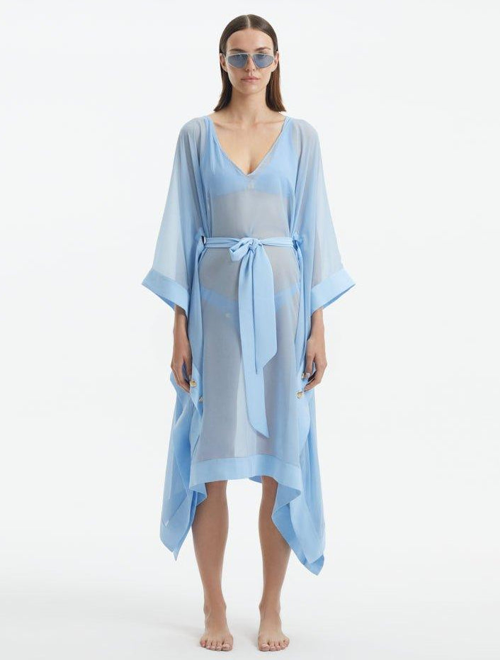 Opal Baby Blue Sheer Gold Buttoned Belted Kaftan | Moeva | Kaftan | Each week unveils new pieces—luxury swimwear, fluid resort silhouettes, and elevated summer-to-evening essentials designed to carry you from coastal escapes to city nights.