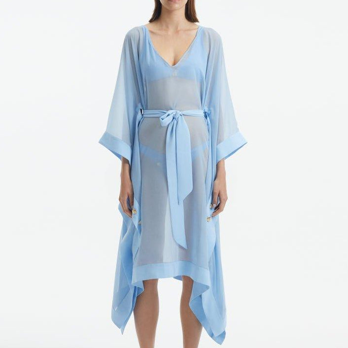 Opal Baby Blue Sheer Gold Buttoned Belted Kaftan | Moeva | Kaftan | Each week unveils new pieces—luxury swimwear, fluid resort silhouettes, and elevated summer-to-evening essentials designed to carry you from coastal escapes to city nights.