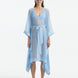"Model wearing the Opal Baby Blue Kaftan from the front, highlighting the V neckline, knee-length cut, and self-tie belt."