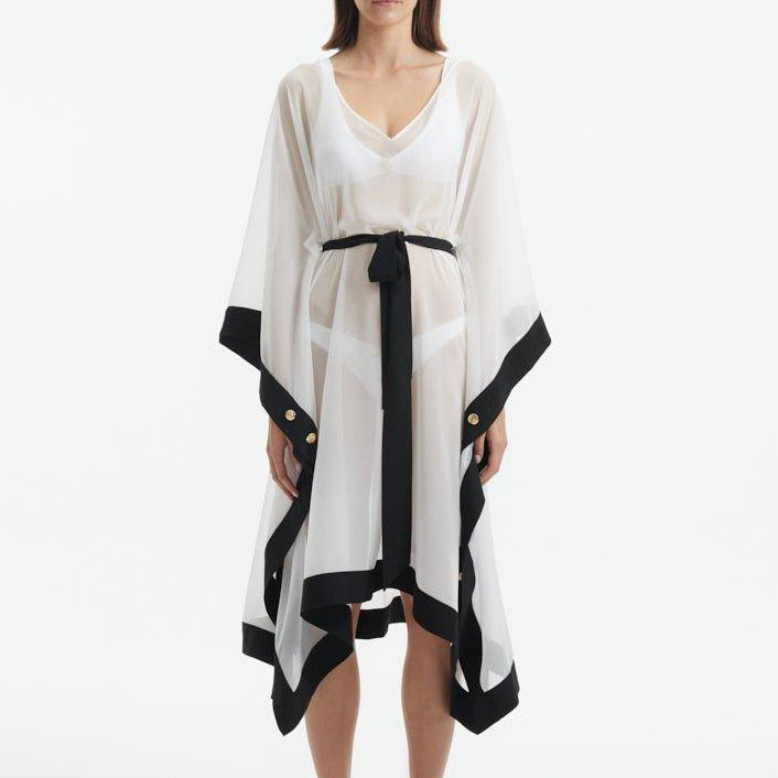 Opal White-Black Sheer Gold Buttoned Belted Kaftan | Moeva | Kaftan | Each week unveils new pieces—luxury swimwear, fluid resort silhouettes, and elevated summer-to-evening essentials designed to carry you from coastal escapes to city nights.