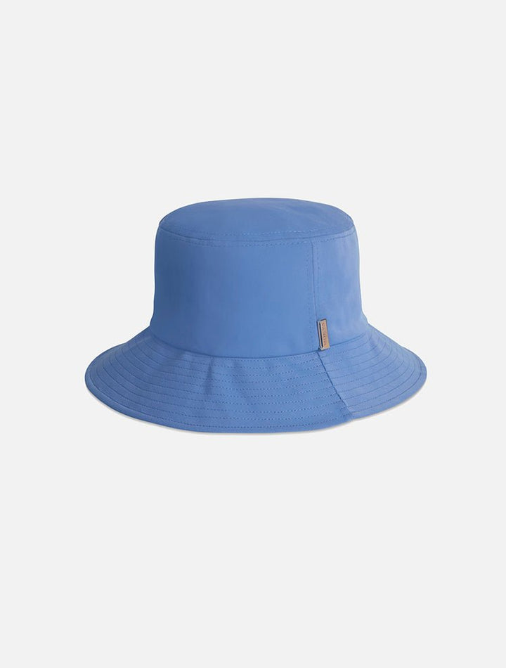 Front View: Orlando Blue Kids Bucket Hat - Swimwear Fabric Bucket Hat, Signature Moeva Patch at Front, Classic Sillhouette, Quilted Brim, Quick Dry, Lined, MOEVA Luxury Swimwear 