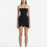 Front View: Model in Osaka Black Dress - MOEVA Luxury Swimwear, Corset Silhouette, Figure Sculpting, Stitching Details, Underwired Cups, Centrally Placed Adjustable and Removable Straps, Chic and Soft Touch FabricMOEVA Luxury Swimwear