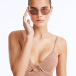 Front View of Model Wearing Sting Brown Rose Gold Sunglasses - Gold Aviator Women's Sunglassess, Rose Gold, MOEVA Luxury Swimwear  