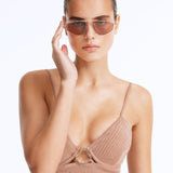 Front View of Model Wearing Sting Brown Rose Gold Sunglasses - Gold Aviator Women's Sunglassess, Rose Gold, MOEVA Luxury Swimwear  