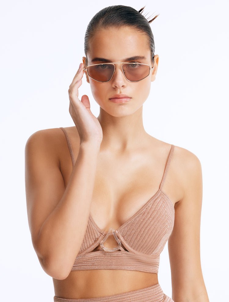 Front View of Model Wearing Sting Brown Rose Gold Sunglasses - Gold Aviator Women's Sunglassess, Rose Gold, MOEVA Luxury Swimwear  
