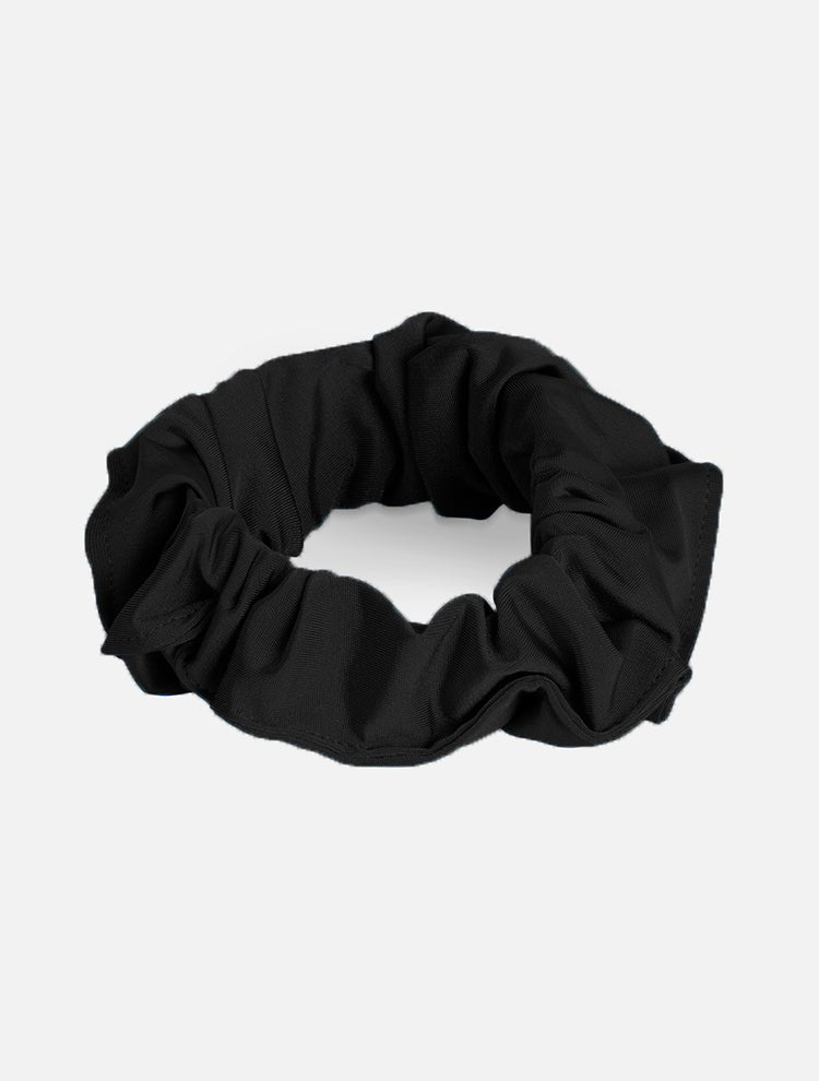 Front View: Peggy Black Scrunchie - Swimwear Fabric, Knot Details at Front, Soft & Smooth, Stretchy, 80% Polyamide 20% Elastane, MOEVA Luxury Swimwear 