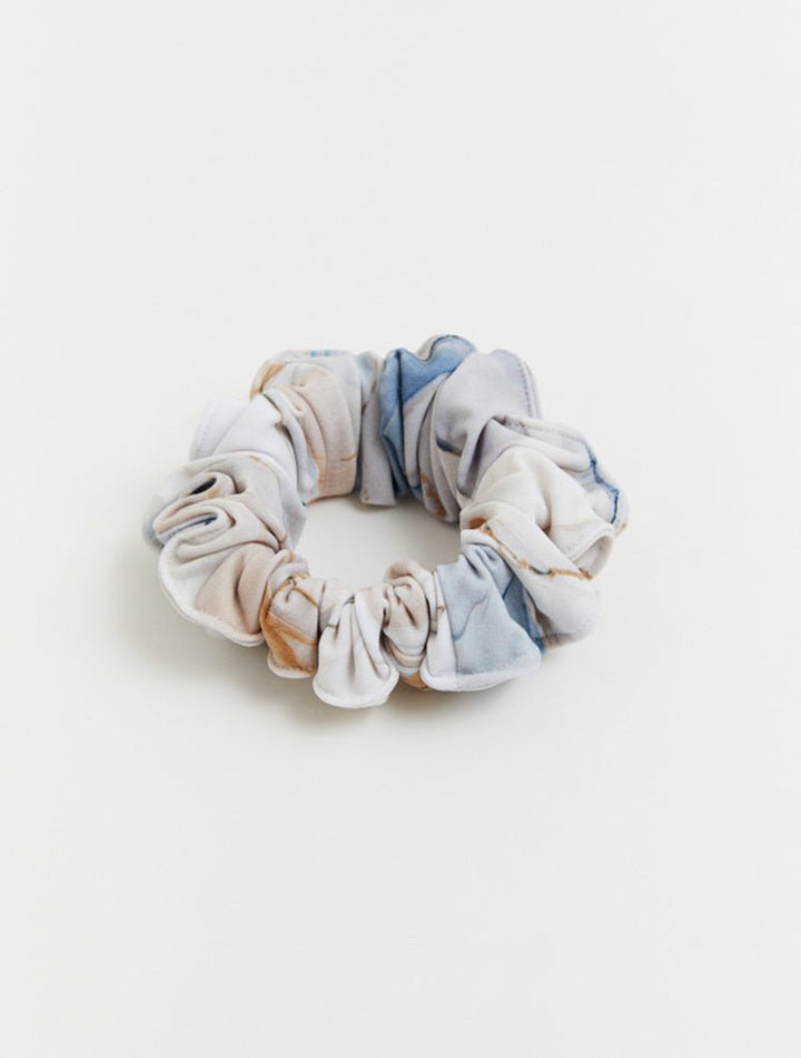 Front View: Peggy Blue Abstract Scrunchie - MOEVA Luxury Swimwear, Swimwear Fabric, Knot Details at Front, Soft & Smooth, Stretchy, MOEVA Luxury Swimwear