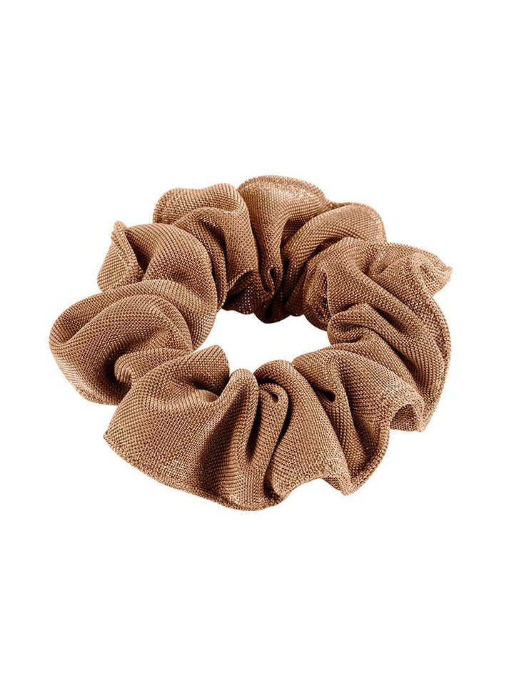 Front View of Peggy Bronze Scrunchie - MOEVA Luxury Swimwear, Scrunchie Hair Accessories, Swimwear Fabric, Knot Details at Front, Soft & Smooth Stretchy Scrunchie, MOEVA Luxury Swimwear  