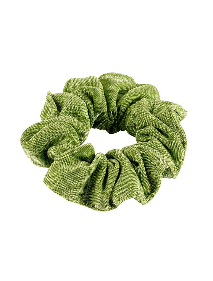 Front View of Peggy Green Scrunchie - MOEVA Luxury Swimwear, Scrunchie Hair Accessories, Swimwear Fabric, Knot Details at Front, Soft & Smooth Stretchy Scrunchie, MOEVA Luxury Swimwear