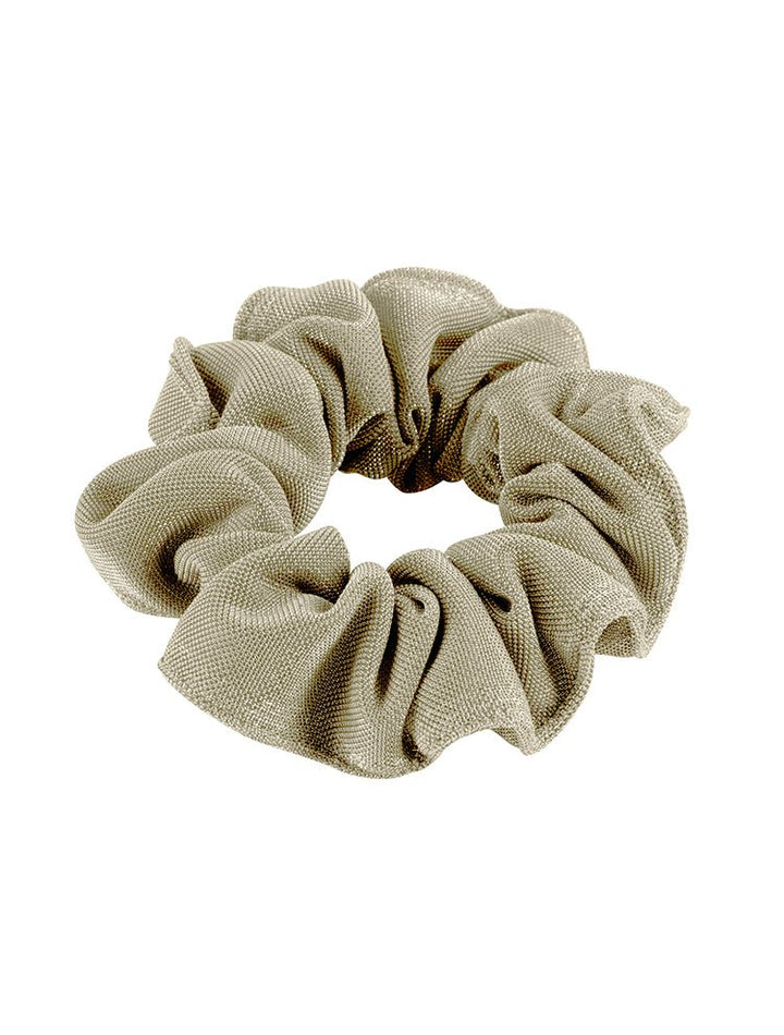 Front View of Peggy Silver Scrunchie - MOEVA Luxury Swimwear, Scrunchie Hair Accessories, Swimwear Fabric, Knot Details at Front, Soft & Smooth Stretchy Scrunchie, MOEVA Luxury Swimwear