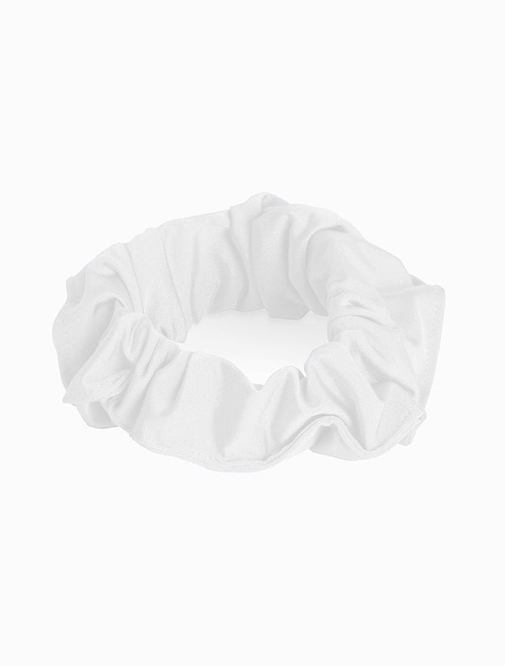 Front View: Peggy White Scrunchie - Swimwear Fabric, Knot Details at Front, Soft & Smooth, Stretchy, 80% Polyamide 20% Elastane, MOEVA Luxury Swimwear 