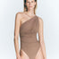 "Front view of Penny Nude Swimsuit featuring a one-shouldered design with flattering ruching on the cups and waist."