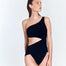 "Front view of the Quinn Black Swimsuit with one-shouldered design, ruched detailing, and waist cutout."