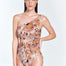 "Quinn Floral Abstract Swimsuit - Front view showing one-shouldered design with elegant ruched detail along the side and a flirty cutout at the waistline."