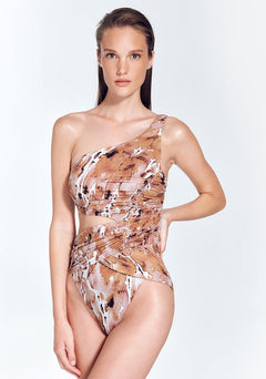 Front View: Model in Quinn Floral Abstract Swimsuit - MOEVA Luxury Swimwear, One Shoulder, Side Cutout, Ruched Side, Removable Paddings, Comfort One Piece Swimwear, MOEVA Luxury Swimwear