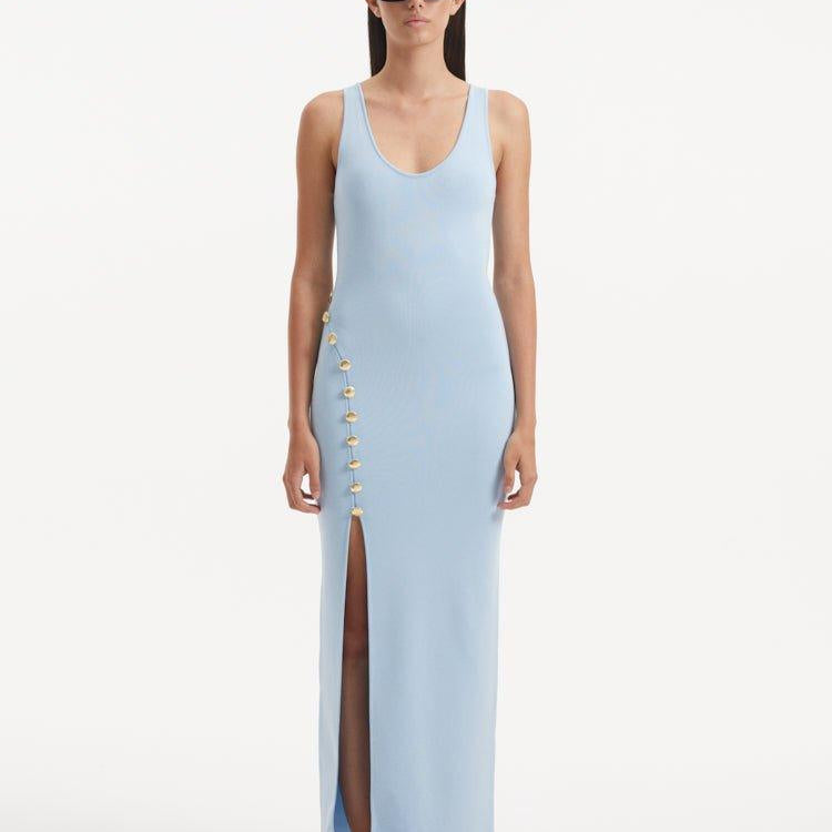 Raine Baby Blue Knit Maxi Dress with Side Slit & Button Detail | Moeva | Dress | Each week unveils new pieces—luxury swimwear, fluid resort silhouettes, and elevated summer-to-evening essentials designed to carry you from coastal escapes to city nights.