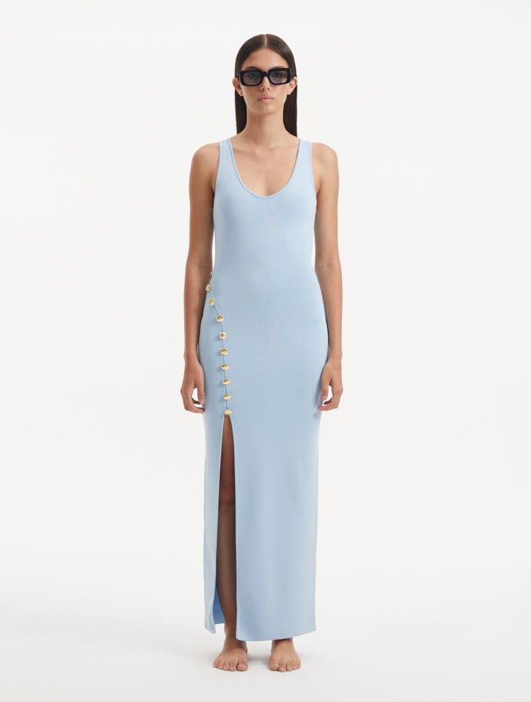 Raine Baby Blue Dress: Elegant Knit with Gold Shell Buttons and Side Slit