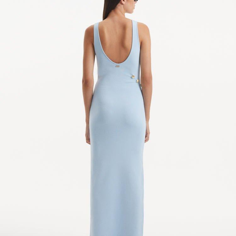 Raine Baby Blue Knit Maxi Dress with Side Slit & Button Detail | Moeva | Dress | Each week unveils new pieces—luxury swimwear, fluid resort silhouettes, and elevated summer-to-evening essentials designed to carry you from coastal escapes to city nights.