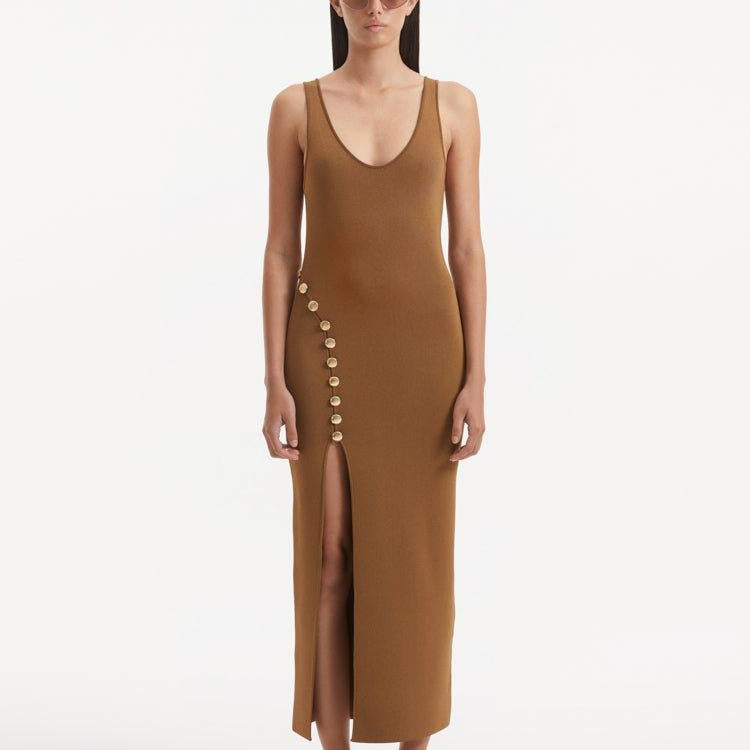 Aslışah Alkoçlar - Raine Brown Knit Maxi Dress with Side Slit & Button Detail | Moeva | Dress | Each week unveils new pieces—luxury swimwear, fluid resort silhouettes, and elevated summer-to-evening essentials designed to carry you from coastal escapes to city nights.