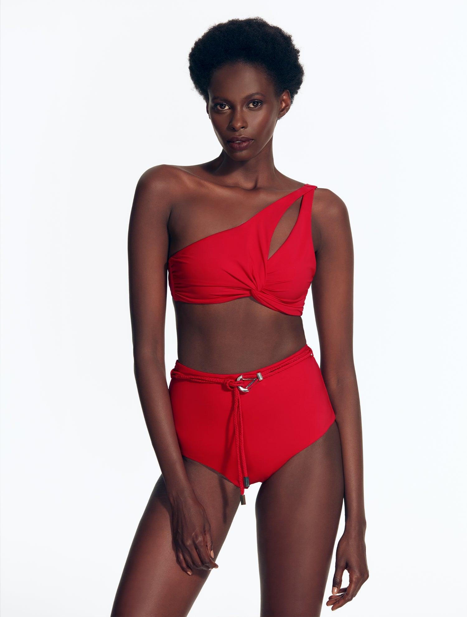 "Front view of the Regina Bikini Top with keyhole detailing and elegant one-shoulder style on a model."