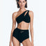 "Front view of the Regina Seersucker Black Bikini Bottom on a model, showcasing the one-shoulder style and removable gold buckled belt."