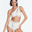 "Model wearing the Regina Seersucker White Bikini Bottom from the front. The high-waist option features a removable gold buckled belt and a textured seersucker fabric."