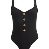 Artistic representation of the Reva Black Swimsuit, merging classic sophistication with modern athleticism in a visually compelling and creative format.