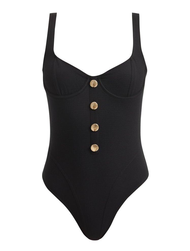 Artistic representation of the Reva Black Swimsuit, merging classic sophistication with modern athleticism in a visually compelling and creative format.