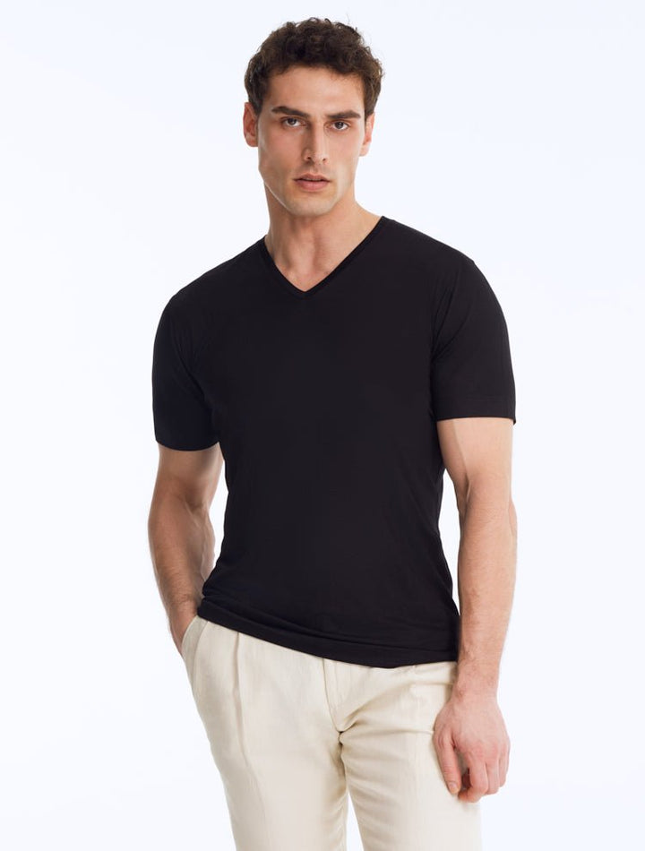 Front View of Model Wearing Rex Black T-Shirt- Ready to Wear, V-Neck T-Shirt Unlined Slim Fit T-Shirt - MOEVA Luxury Swimwear