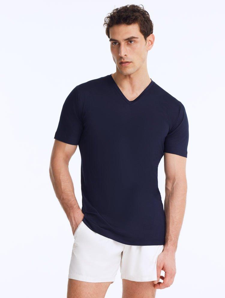 Front View of Model Wearing Rex Dark Blue T-Shirt- MOEVA Luxury Swimwear, Ready to Wear, V-Neck T-Shirt Unlined Slim Fit T-Shirt - MOEVA Luxury Swimwear