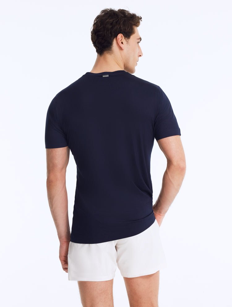 Back View: Rex Dark Blue T-Shirt on Model - Short-Sleeved, Slim Fit, Embroidered Moeva Amblem, %100 COTTON T-shirt, MOEVA Luxury Swimwear  