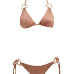  Decoupage view of the Rhea Brown Bikini Set, detailing the luxurious craftsmanship and Xtralife certification for durability.