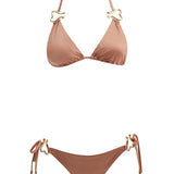  Decoupage view of the Rhea Brown Bikini Set, detailing the luxurious craftsmanship and Xtralife certification for durability.