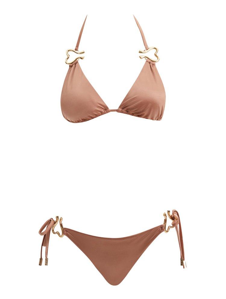  Decoupage view of the Rhea Brown Bikini Set, detailing the luxurious craftsmanship and Xtralife certification for durability.