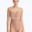 Front View: Rhodes Bronze Swimsuit on Model - Strapless Swimsuit, Chic Style, Fully Lined, Metallic Fabric, Clear Glass Accessory, MOEVA Luxury Swimwear