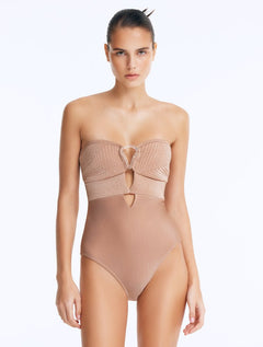 Front View: Rhodes Bronze Swimsuit on Model - Strapless Swimsuit, Chic Style, Fully Lined, Metallic Fabric, Clear Glass Accessory, MOEVA Luxury Swimwear