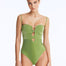 Front View: Model Wearing Rhodes Green Swimsuit - Chic Style, Fully Lined, Metallic Fabric, Clear Glass Accessory, MOEVA Luxury Swimwear