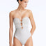 Front View: Model Wearing Rhodes Silver Swimsuit - Strapless Shape, Chic Style, Fully Lined, Metallic Fabric, Clear Glass Accessory, MOEVA Luxury Swimwear