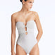 Front View: Model Wearing Rhodes Silver Swimsuit - Strapless Shape, Chic Style, Fully Lined, Metallic Fabric, Clear Glass Accessory, MOEVA Luxury Swimwear