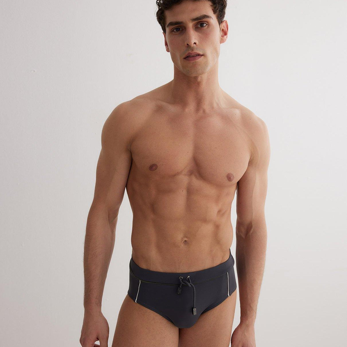 Ricardo Grey/Green/White Blue Quick Dry Swim Briefs with Drawcord | Moeva | Briefs | Each week unveils new pieces—luxury swimwear, fluid resort silhouettes, and elevated summer-to-evening essentials designed to carry you from coastal escapes to city nights.