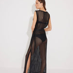 Front View: Model in Roma Black Dress - MOEVA Luxury Swimwear, High Neck, Side Slit, Loose Fit, Self-Tie Belt, Chain Knitted Fabric, MOEVA Luxury Swimwear