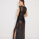 Front View: Model in Roma Black Dress - MOEVA Luxury Swimwear, High Neck, Side Slit, Loose Fit, Self-Tie Belt, Chain Knitted Fabric, MOEVA Luxury Swimwear