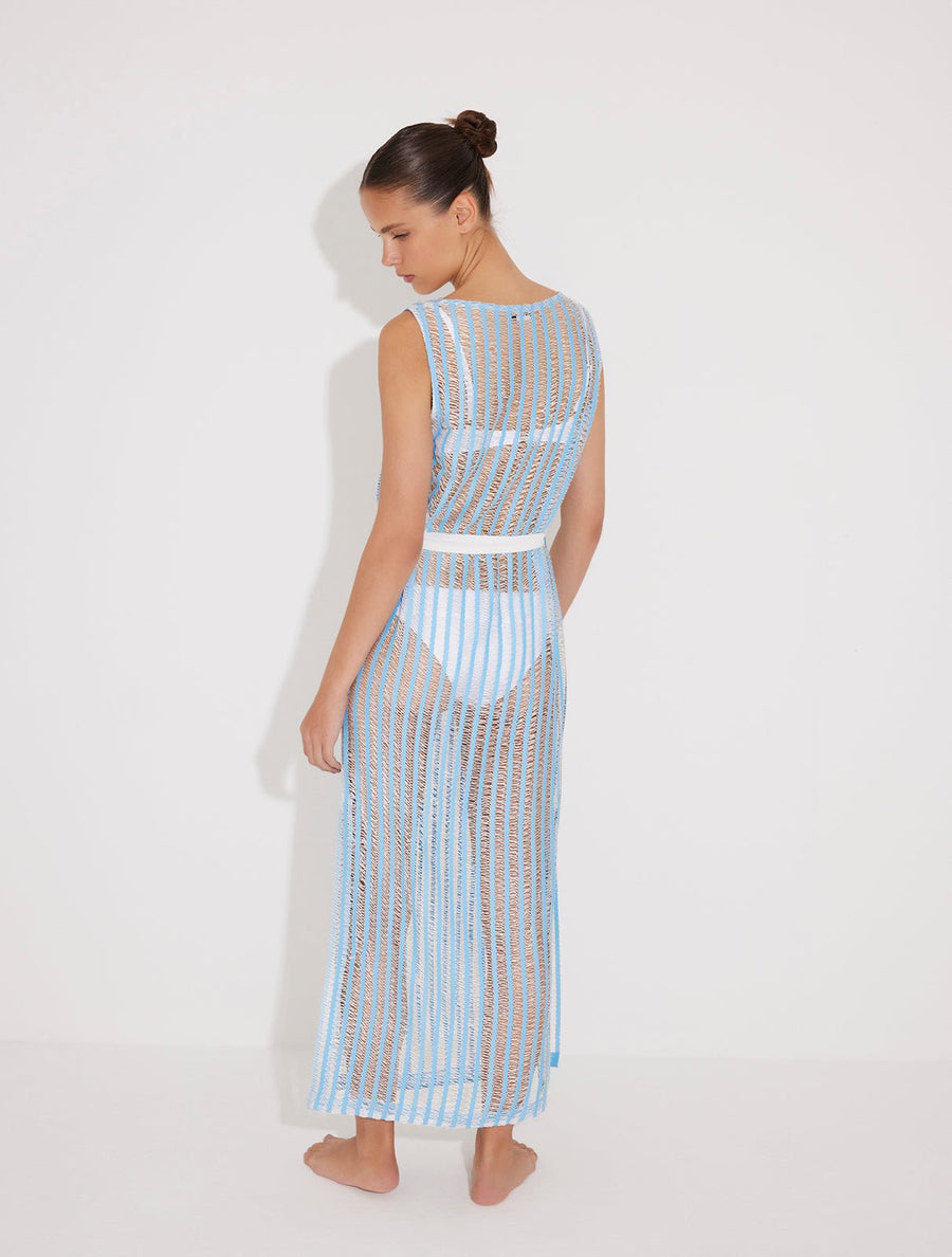 Roma Blue/White High Neck Ankle Length Dress With Self-Tie Belt -Beachwear Dresses Moeva