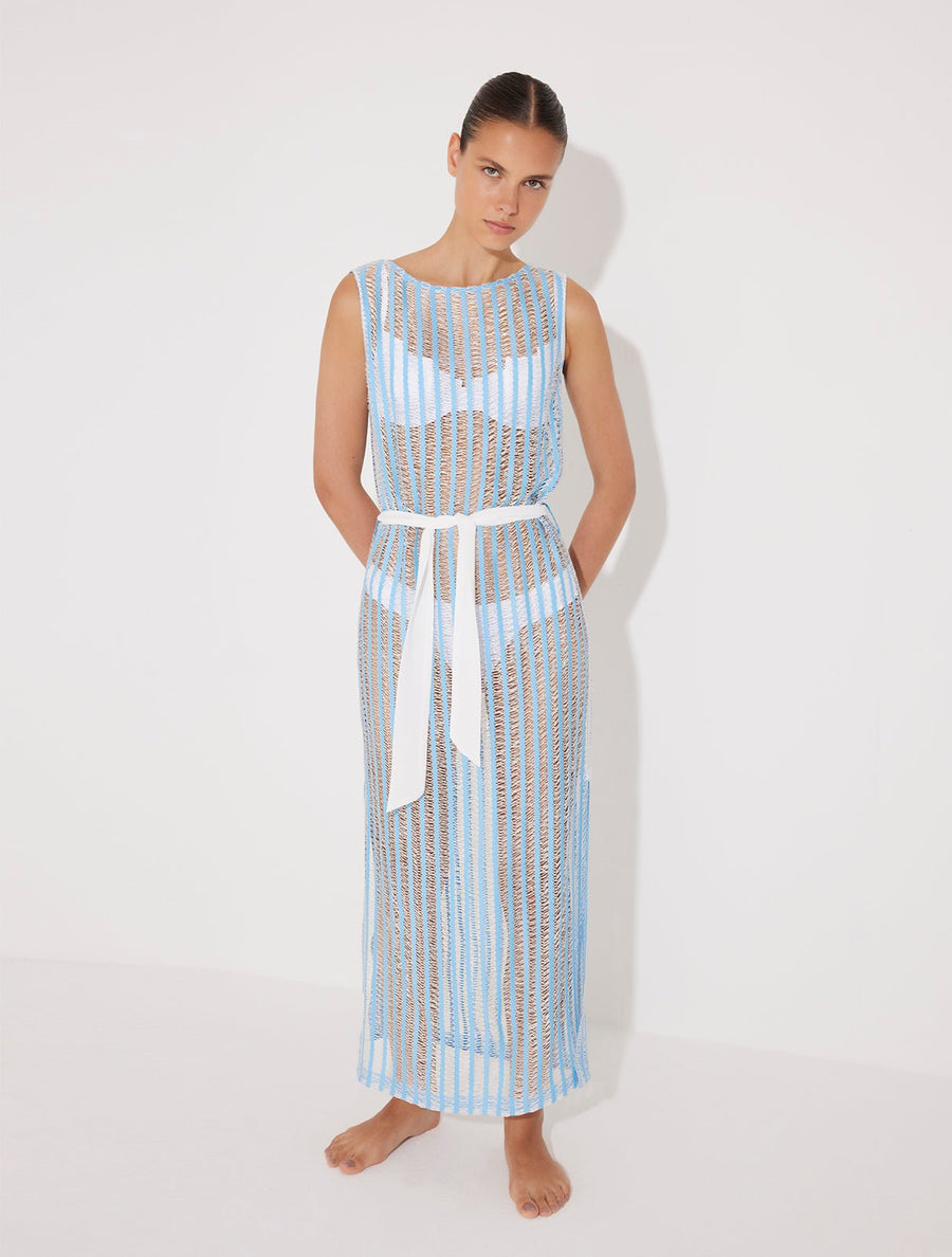 Roma Blue/White High Neck Ankle Length Dress With Self-Tie Belt -Beachwear Dresses Moeva
